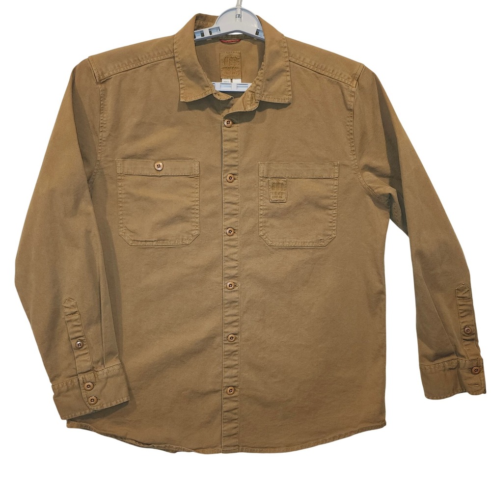 Topo Designs Dirt Shirt Mens Large Khaki Brown Organic Cotton Canvas Button Down